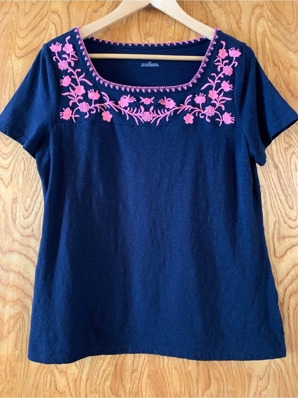 Talbots Navy Short Sleeve Top with Pink Floral Embroidery